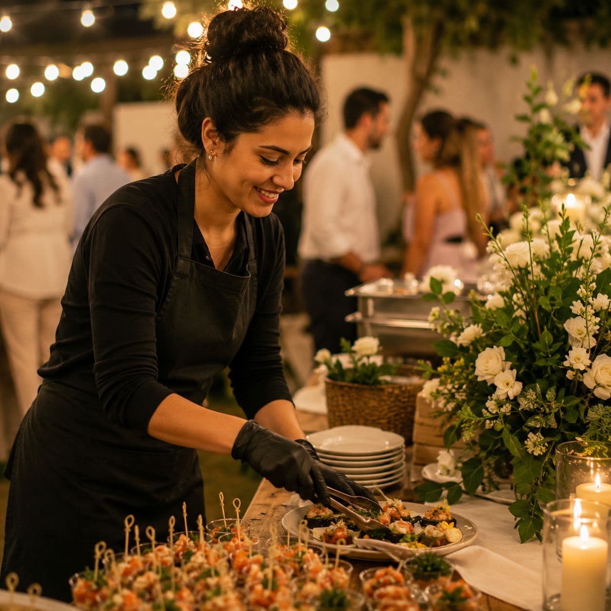 Buffet a domicílio sendo servido em festa iluminada